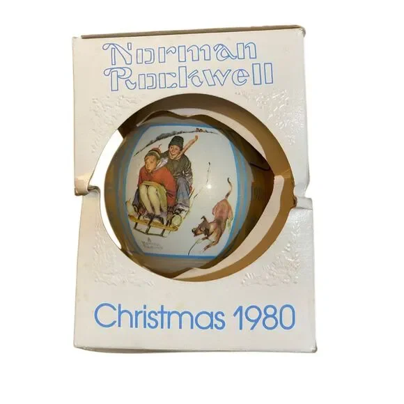 Vintage Norman Rockwell Christmas 1980 glass sled, riding ornament in box - Picture 3 of 4